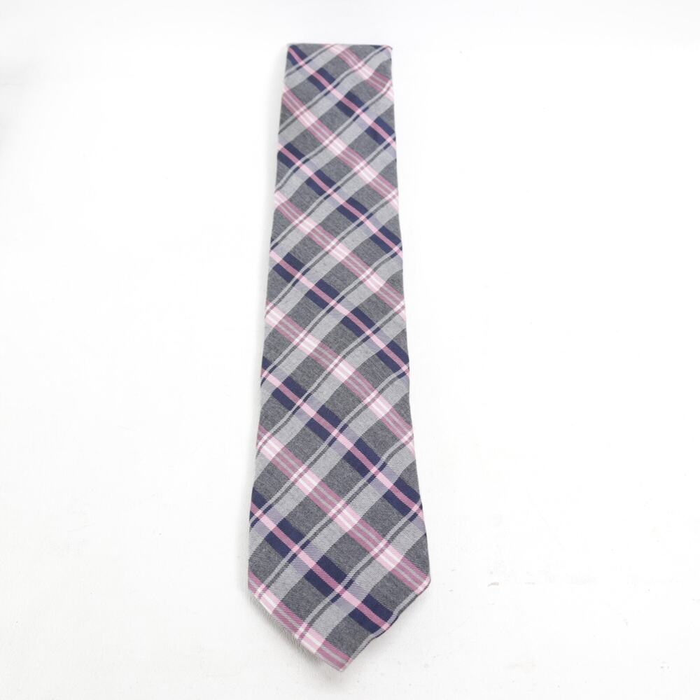 Chaps Tie Mens 60 in Silk Cotton Blend Wide Gray Pink Blue Plaid Preppy